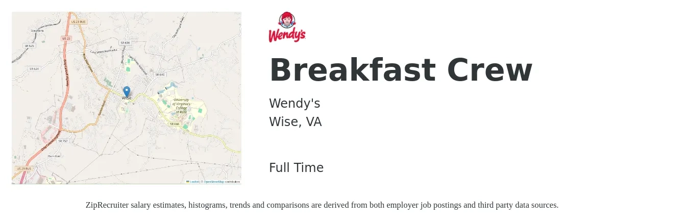 Wendy's job posting for a Breakfast Crew in Wise, VA with a salary of $13 to $16 Hourly with a map of Wise location.