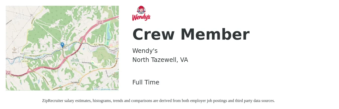 Wendy's job posting for a Crew Member in North Tazewell, VA with a salary of $11 to $14 Hourly with a map of North Tazewell location.