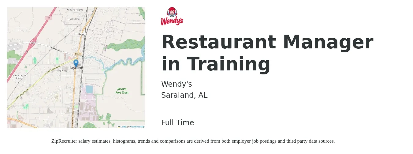 Wendy's job posting for a Restaurant Manager in Training in Saraland, AL with a salary of $38,300 to $54,000 Yearly with a map of Saraland location.