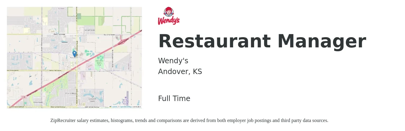 Wendy's job posting for a Restaurant Manager in Andover, KS with a salary of $41,200 to $58,100 Yearly with a map of Andover location.