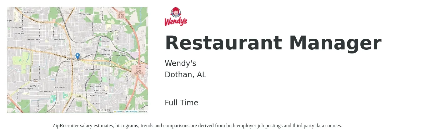 Wendy's job posting for a Restaurant Manager in Dothan, AL with a salary of $40,900 to $57,700 Yearly with a map of Dothan location.