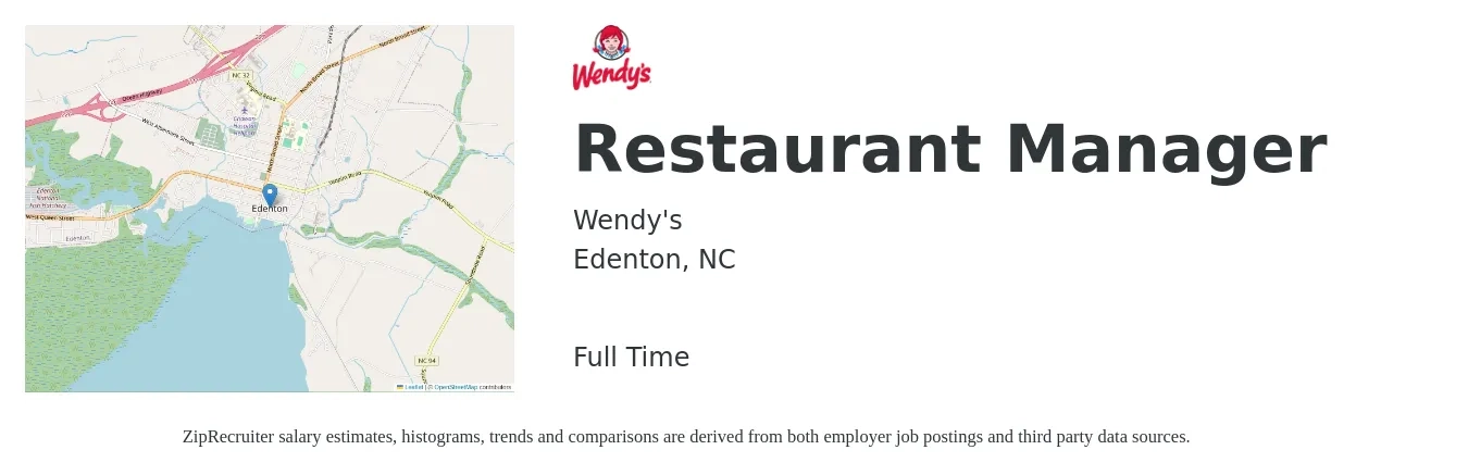 Wendy's job posting for a Restaurant Manager in Edenton, NC with a salary of $41,200 to $58,200 Yearly with a map of Edenton location.
