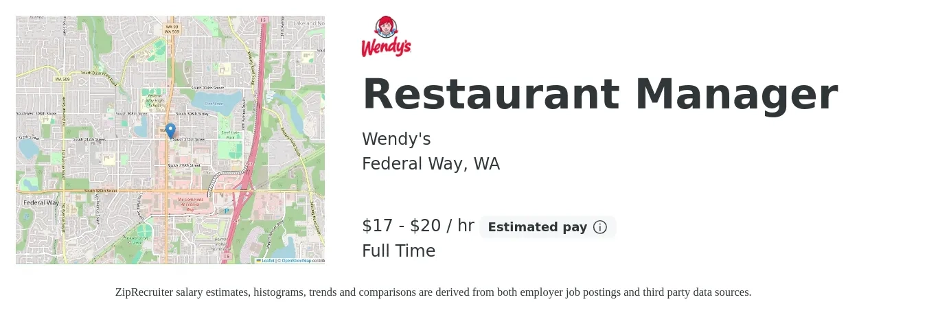 Wendy's job posting for a Restaurant Manager in Federal Way, WA with a salary of $18 to $21 Hourly with a map of Federal Way location.