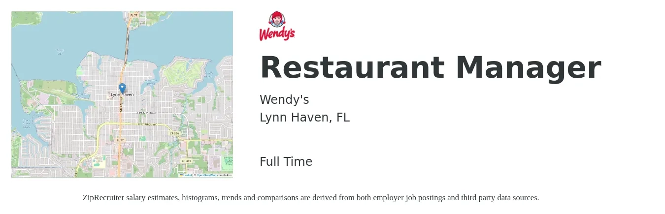 Wendy's job posting for a Restaurant Manager in Lynn Haven, FL with a salary of $41,200 to $58,200 Yearly with a map of Lynn Haven location.