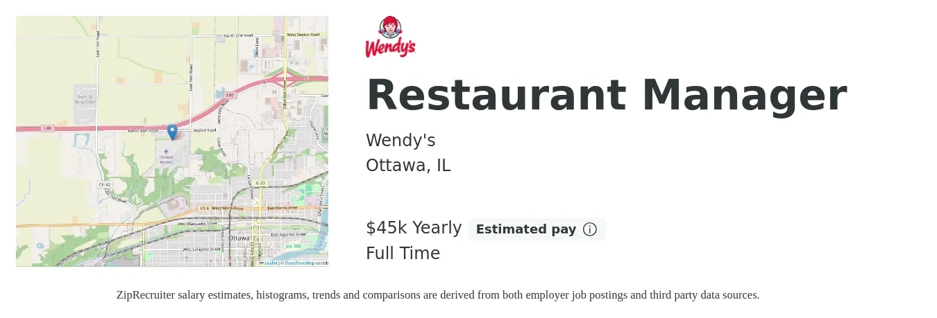 Wendy's job posting for a Restaurant Manager in Ottawa, IL with a salary of $45,000 Yearly with a map of Ottawa location.