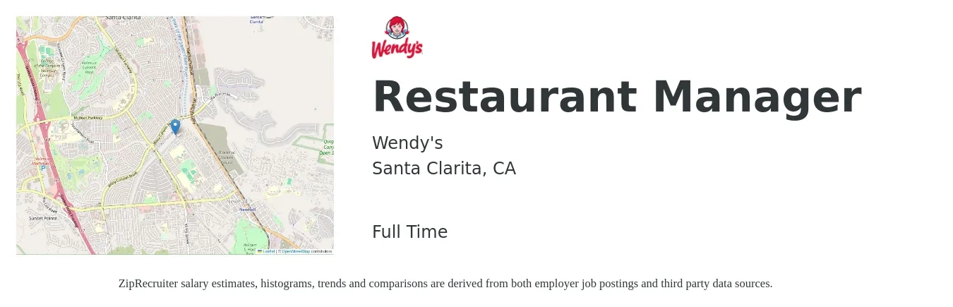 Wendy's job posting for a Restaurant Manager in Santa Clarita, CA with a salary of $47,700 to $67,400 Yearly with a map of Santa Clarita location.