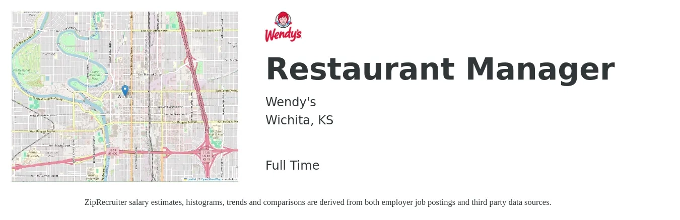Wendy's job posting for a Restaurant Manager in Wichita, KS with a salary of $40,300 to $56,900 Yearly with a map of Wichita location.