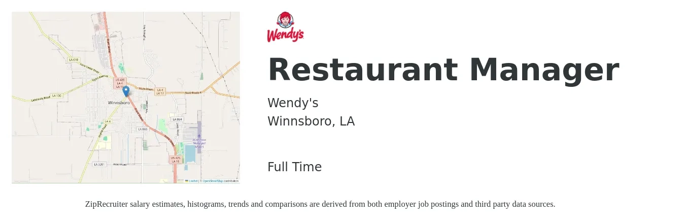 Wendy's job posting for a Restaurant Manager in Winnsboro, LA with a salary of $43,000 to $60,700 Yearly with a map of Winnsboro location.