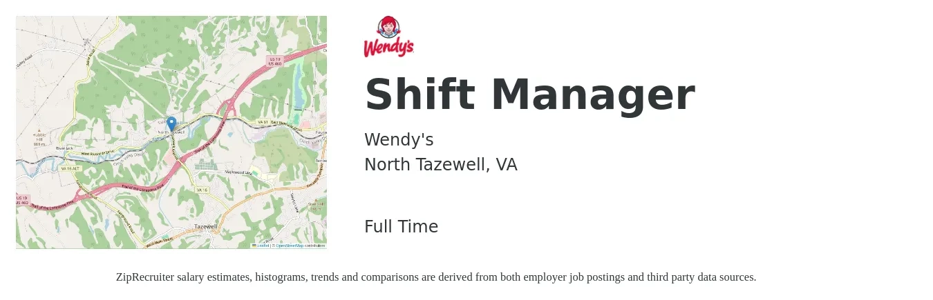 Wendy's job posting for a Shift Manager in North Tazewell, VA with a salary of $14 to $17 Hourly with a map of North Tazewell location.