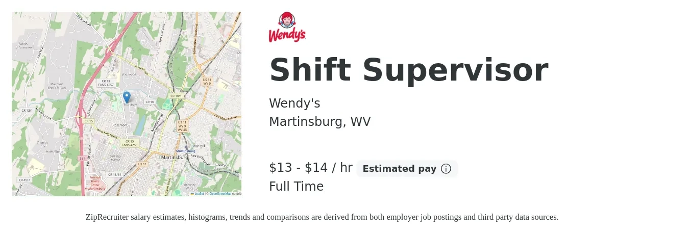 Wendy's job posting for a Shift Supervisor in Martinsburg, WV with a salary of $14 to $16 Hourly with a map of Martinsburg location.