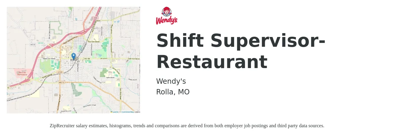 Wendy's job posting for a Shift Supervisor- Restaurant in Rolla, MO with a salary of $15 to $19 Hourly with a map of Rolla location.