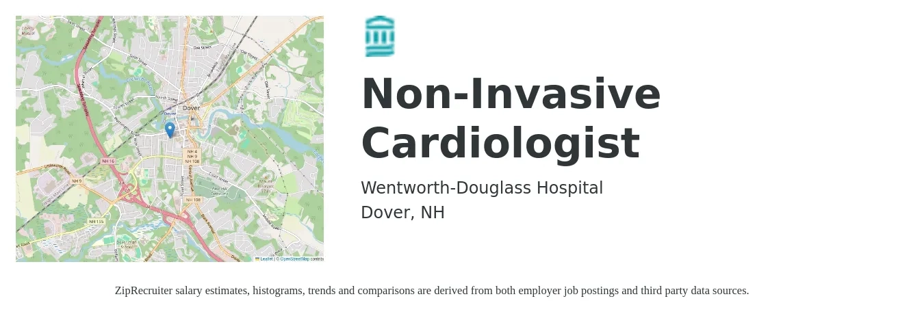 Wentworth-Douglass Hospital job posting for a Non Invasive Cardiologist in Dover, NH with a salary of $361,500 to $408,400 Yearly with a map of Dover location.