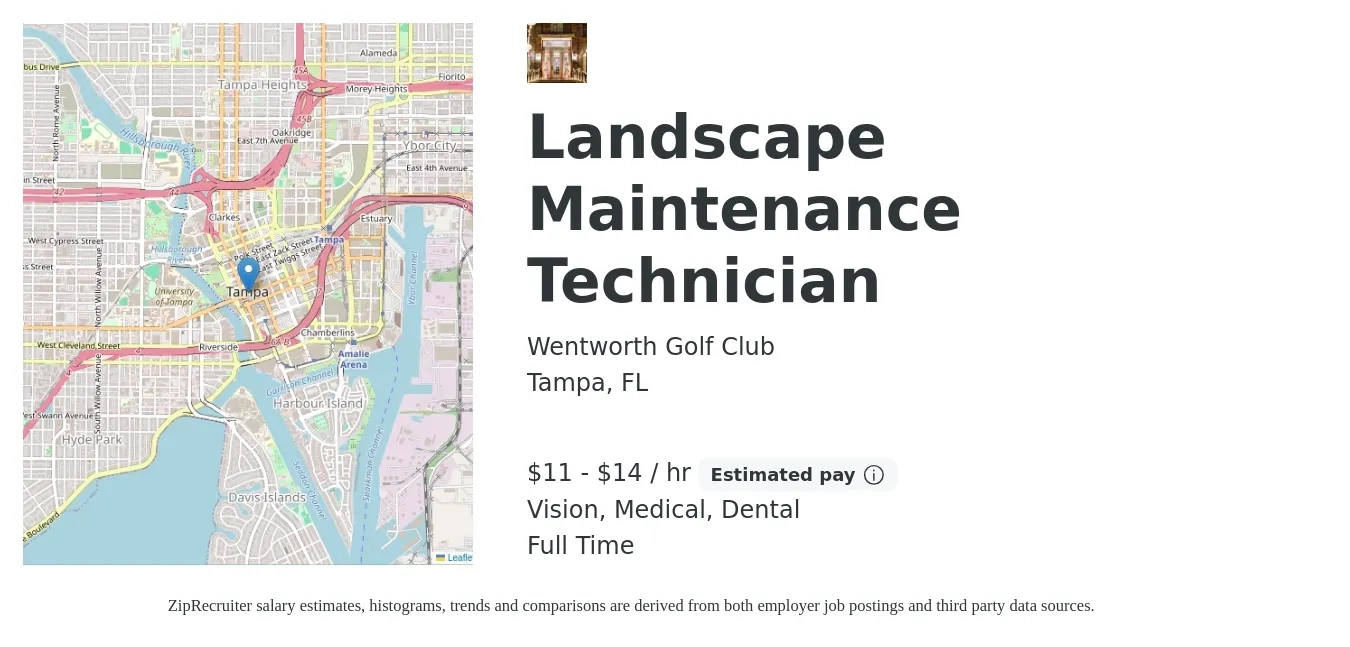 Wentworth Golf Club job posting for a Landscape Maintenance Technician in Tampa, FL with a salary of $12 to $15 Hourly and benefits including life_insurance, medical, pto, retirement, vision, and dental with a map of Tampa location.