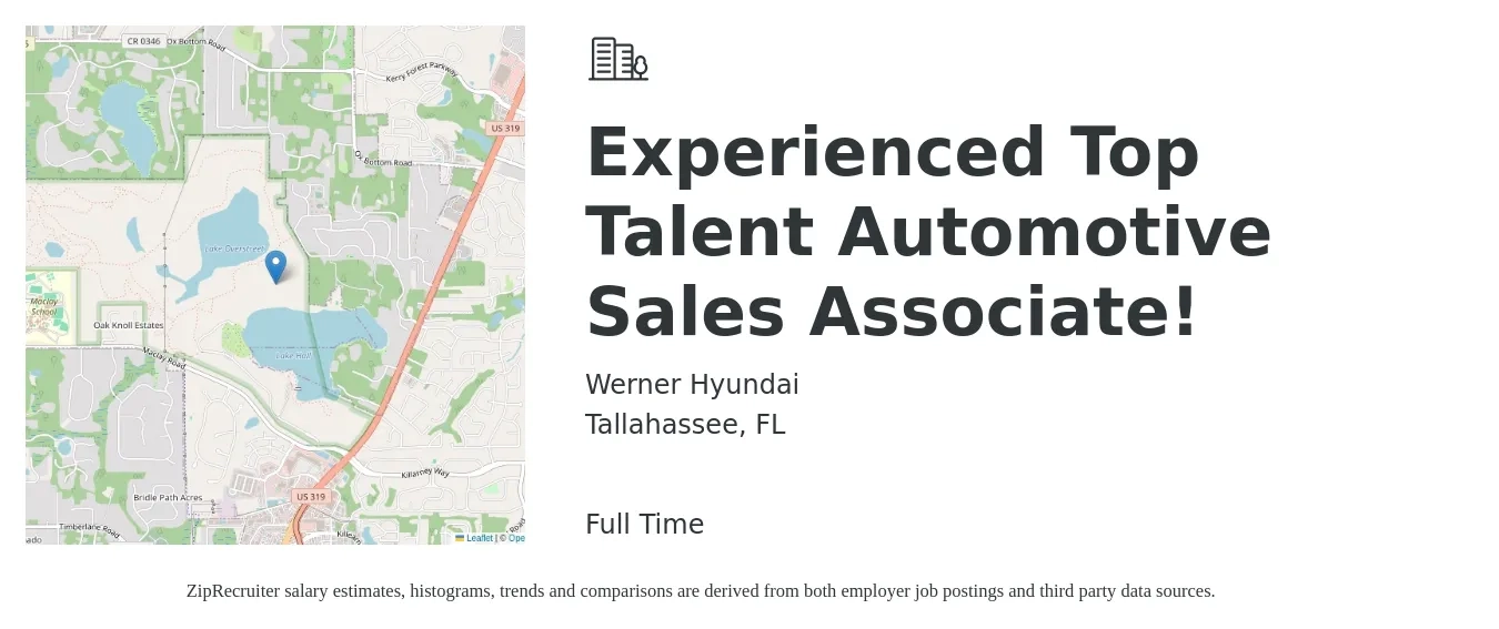 Werner Hyundai job posting for a Experienced Top Talent Automotive Sales Associate! in Tallahassee, FL with a salary of $16 to $25 Hourly with a map of Tallahassee location.