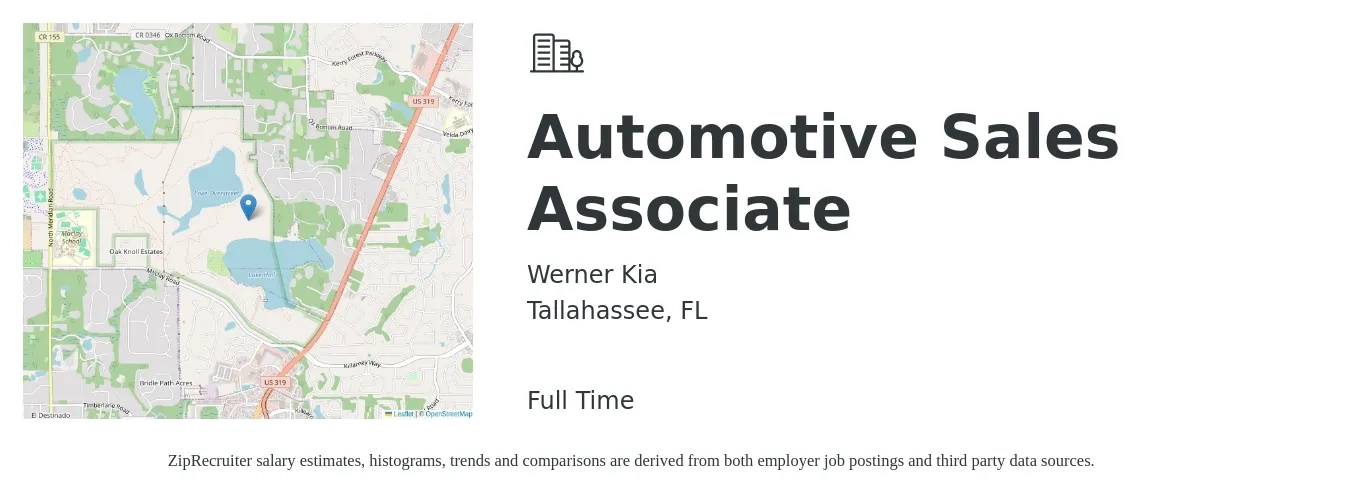 Werner Kia job posting for a Automotive Sales Associate in Tallahassee, FL with a salary of $16 to $25 Hourly with a map of Tallahassee location.
