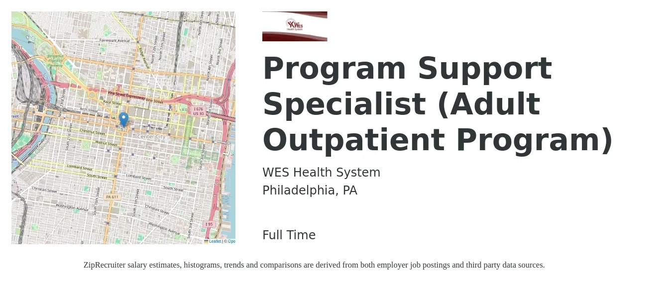 WES Health System job posting for a Program Support Specialist (Adult Outpatient Program) in Philadelphia, PA with a salary of $46,900 to $86,800 Yearly with a map of Philadelphia location.