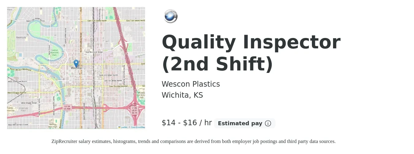 Wescon Plastics job posting for a Quality Inspector (2nd Shift) in Wichita, KS with a salary of $15 to $17 Hourly with a map of Wichita location.