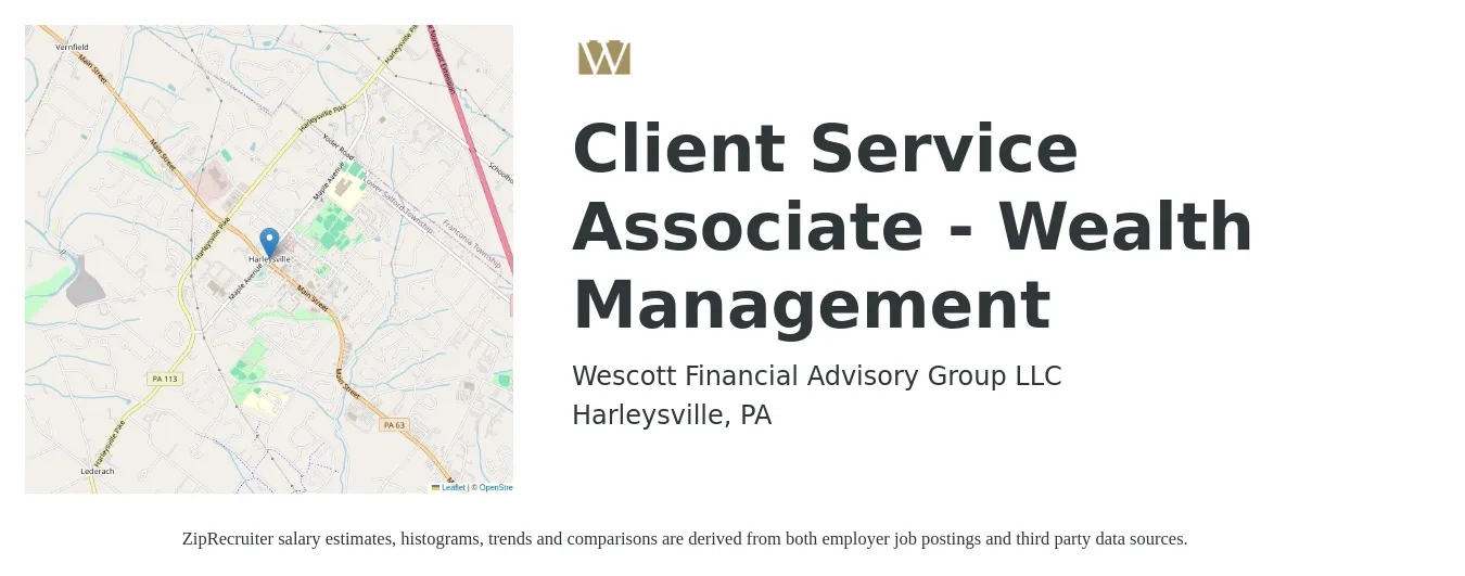 Wescott Financial Advisory Group LLC job posting for a Client Service Associate - Wealth Management in Harleysville, PA with a salary of $14 to $19 Hourly with a map of Harleysville location.