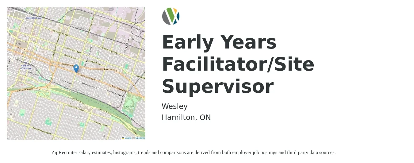 Wesley job posting for a Early Years Facilitator/Site Supervisor in Hamilton, ON with a salary of $23 Hourly with a map of Hamilton location.