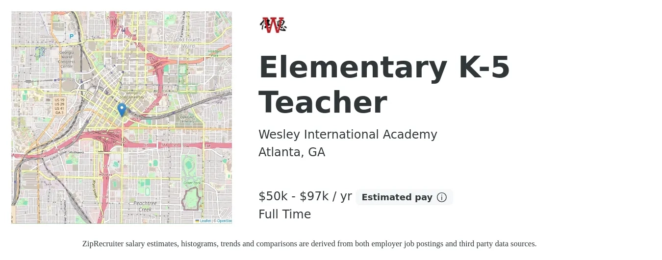 Wesley International Academy job posting for a Elementary K-5 Teacher in Atlanta, GA with a salary of $50,676 to $97,302 Yearly with a map of Atlanta location.