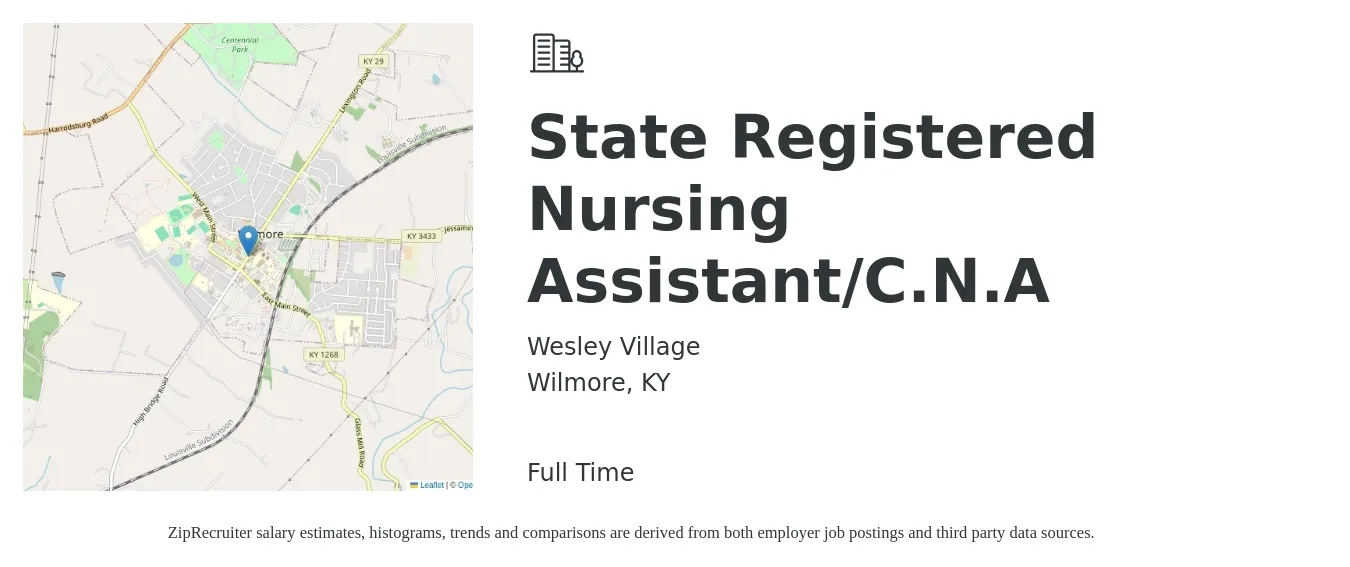 Wesley Village job posting for a State Registered Nursing Assistant/C.N.A in Wilmore, KY with a salary of $14 to $19 Hourly with a map of Wilmore location.