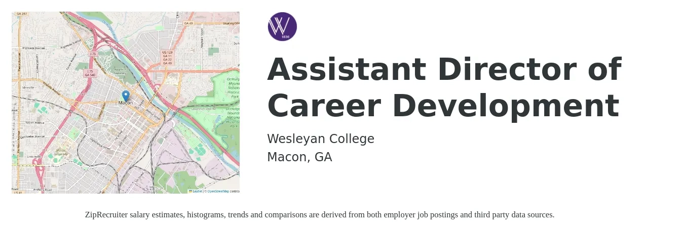 Wesleyan College job posting for a Assistant Director of Career Development in Macon, GA with a salary of $61,600 to $87,500 Yearly with a map of Macon location.