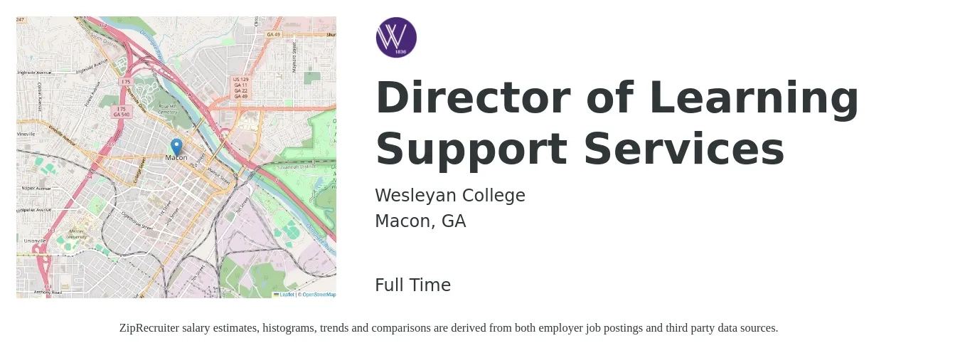 Wesleyan College job posting for a Director of Learning Support Services in Macon, GA with a salary of $60,700 to $90,000 Yearly with a map of Macon location.