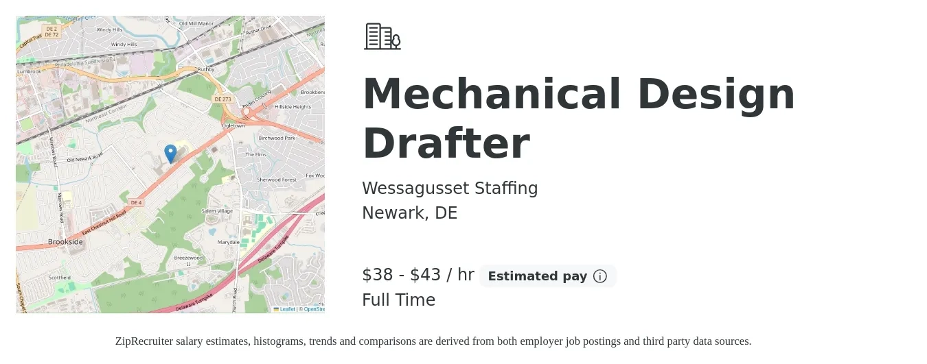 Wessagusset Staffing job posting for a Mechanical Design Drafter in Newark, DE with a salary of $40 to $45 Hourly with a map of Newark location.