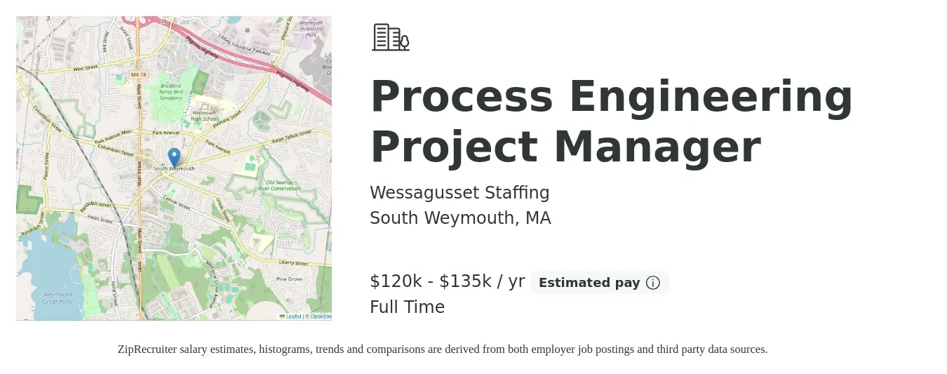Wessagusset Staffing job posting for a Process Engineering Project Manager in South Weymouth, MA with a salary of $120,000 to $135,000 Yearly with a map of South Weymouth location.