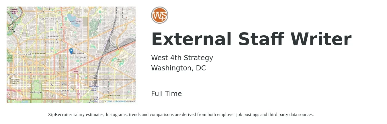 West 4th Strategy job posting for a External Staff Writer in Washington, DC with a salary of $53,000 to $73,300 Yearly with a map of Washington location.