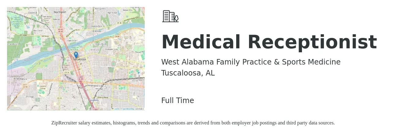 West Alabama Family Practice & Sports Medicine job posting for a Medical Receptionist in Tuscaloosa, AL with a salary of $16 to $19 Hourly with a map of Tuscaloosa location.