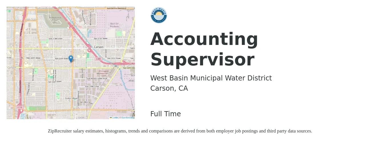 West Basin Municipal Water District job posting for a Accounting Supervisor in Carson, CA with a salary of $80,300 to $115,200 Yearly with a map of Carson location.