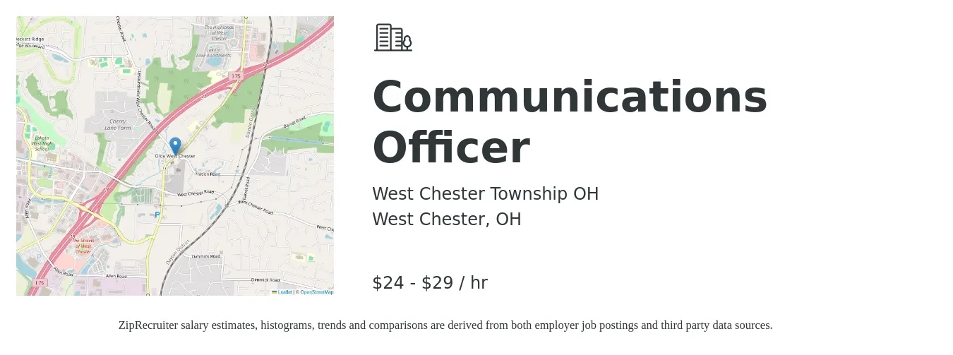 West Chester Township, OH job posting for a Communications Officer in West Chester, OH with a salary of $25 to $31 Hourly with a map of West Chester location.