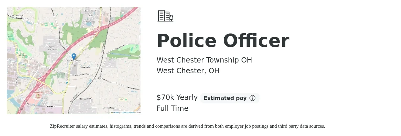 West Chester Township OH job posting for a Police Officer in West Chester, OH with a salary of $70,563 Yearly with a map of West Chester location.