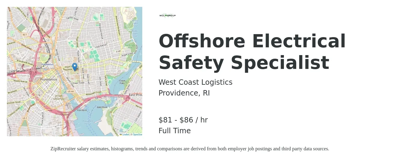 West Coast Logistics job posting for a Offshore Electrical Safety Specialist in Providence, RI with a salary of $85 to $90 Hourly with a map of Providence location.