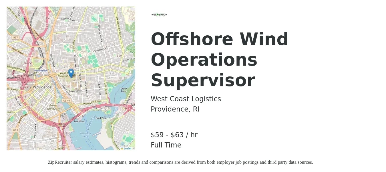 West Coast Logistics job posting for a Offshore Wind Operations Supervisor in Providence, RI with a salary of $62 to $66 Hourly with a map of Providence location.