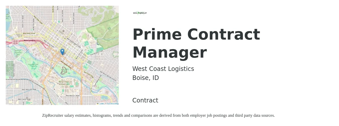 West Coast Logistics job posting for a Prime Contract Manager in Boise, ID with a salary of $150,000 Yearly with a map of Boise location.