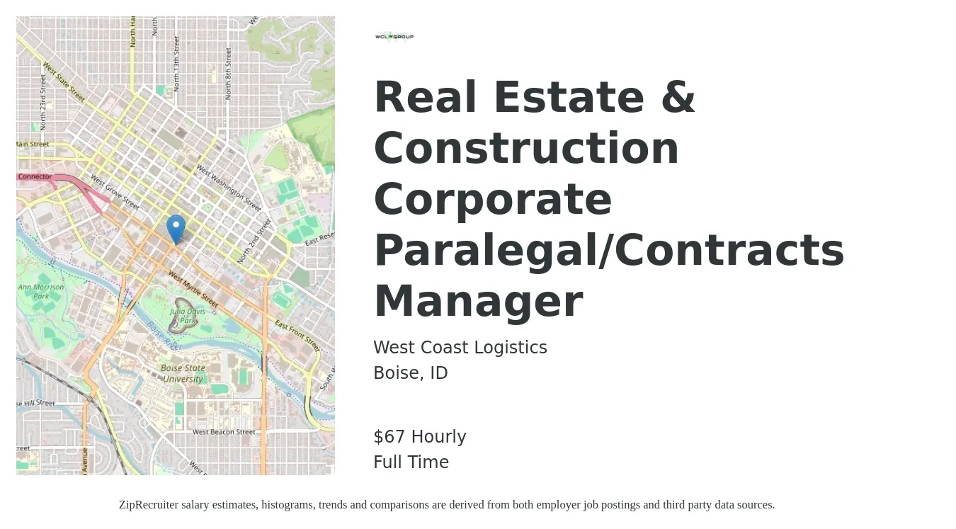 West Coast Logistics job posting for a Real Estate & Construction Corporate Paralegal/Contracts Manager in Boise, ID with a salary of $70 Hourly with a map of Boise location.