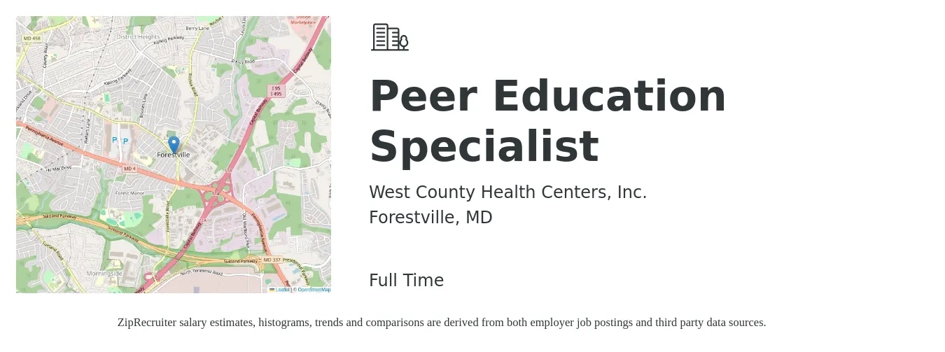 West County Health Centers, Inc. job posting for a Peer Education Specialist in Forestville, MD with a salary of $19 to $24 Hourly with a map of Forestville location.
