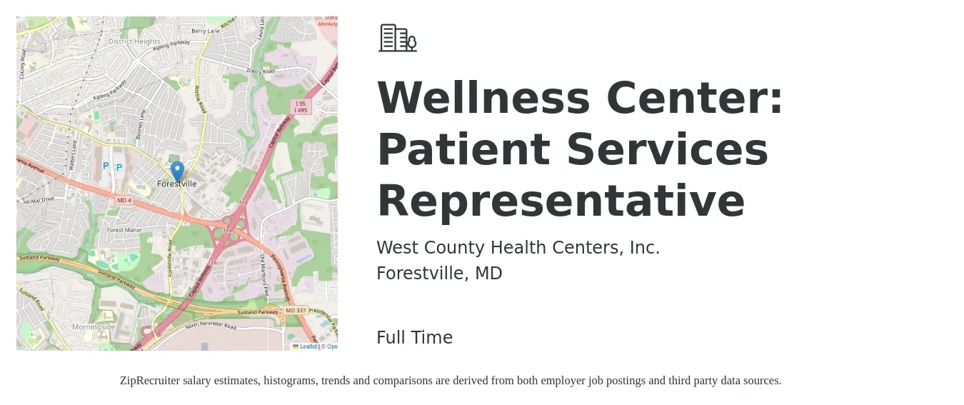West County Health Centers, Inc. job posting for a Wellness Center: Patient Services Representative in Forestville, MD with a salary of $18 to $23 Hourly with a map of Forestville location.