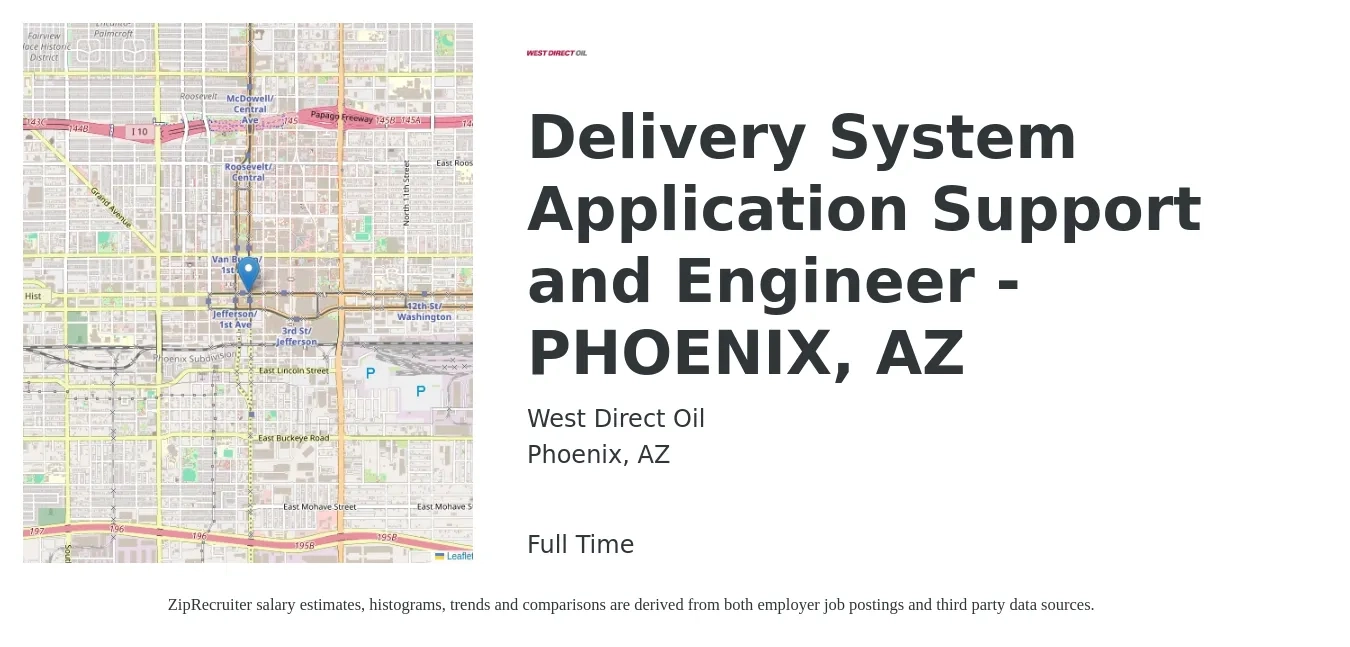 West Direct Oil job posting for a Delivery System Application Support and Engineer - PHOENIX, AZ in Phoenix, AZ with a salary of $38 to $56 Hourly with a map of Phoenix location.