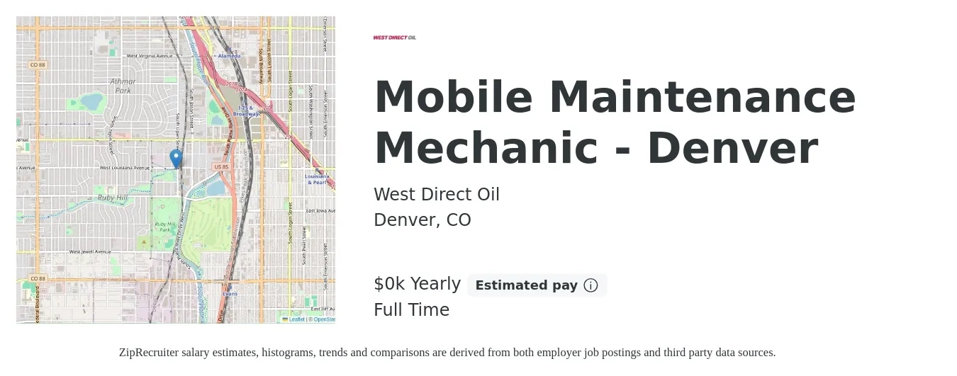 West Direct Oil job posting for a Mobile Maintenance Mechanic - Denver in Denver, CO with a salary of $25 to $35 Yearly with a map of Denver location.