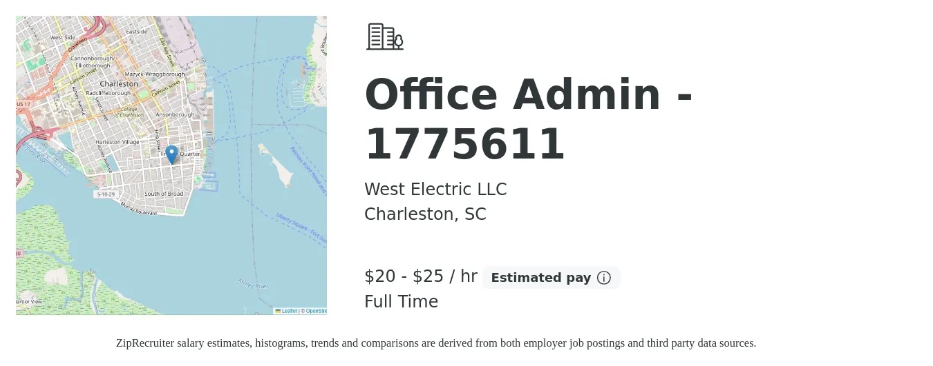 West Electric LLC job posting for a Office Admin - 1775611 in Charleston, SC with a salary of $21 to $27 Hourly with a map of Charleston location.