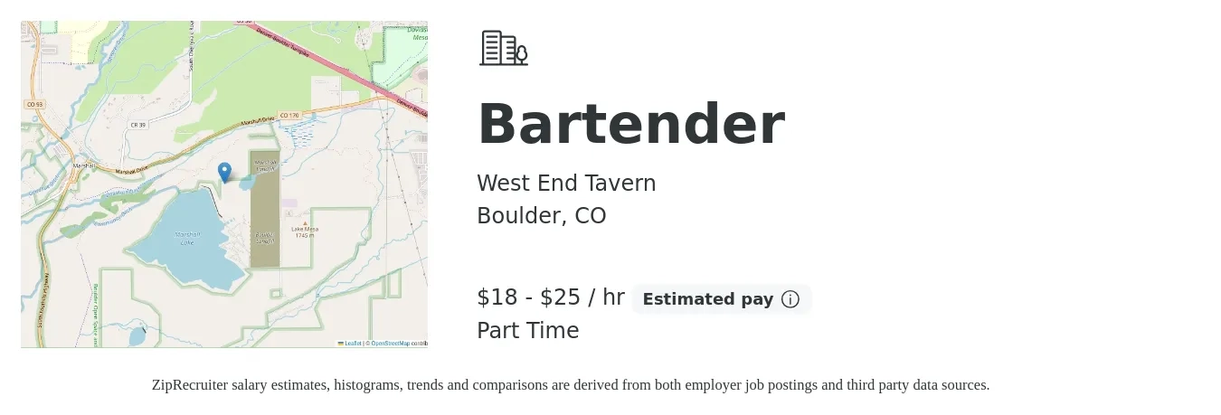 West End Tavern job posting for a Bartender in Boulder, CO with a salary of $19 to $27 Hourly with a map of Boulder location.