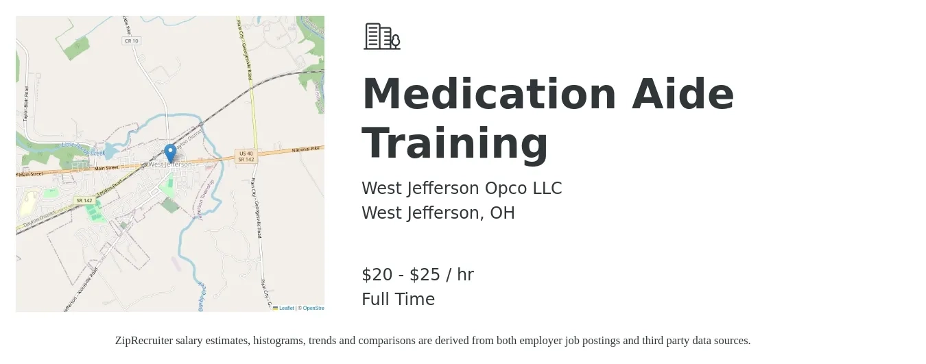 West Jefferson Opco LLC job posting for a Medication Aide Training in West Jefferson, OH with a salary of $21 to $27 Hourly with a map of West Jefferson location.