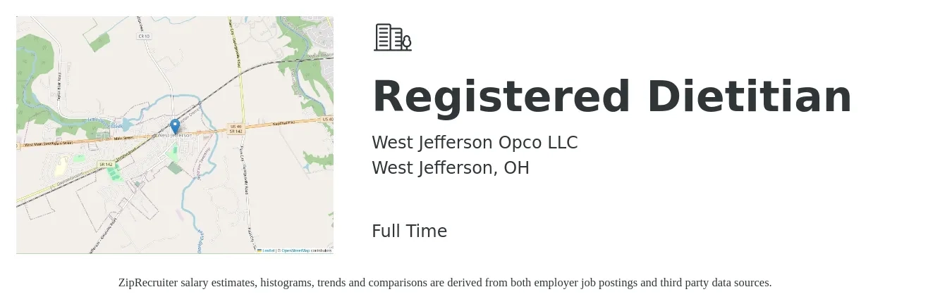 West Jefferson Opco LLC job posting for a Registered Dietitian in West Jefferson, OH with a salary of $31 to $42 Hourly with a map of West Jefferson location.