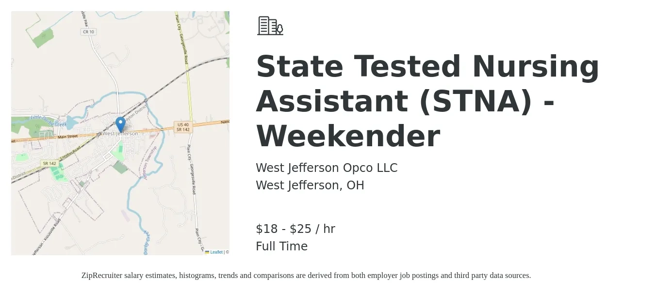 West Jefferson Opco LLC job posting for a State Tested Nursing Assistant (STNA) - Weekender in West Jefferson, OH with a salary of $20 to $27 Hourly with a map of West Jefferson location.