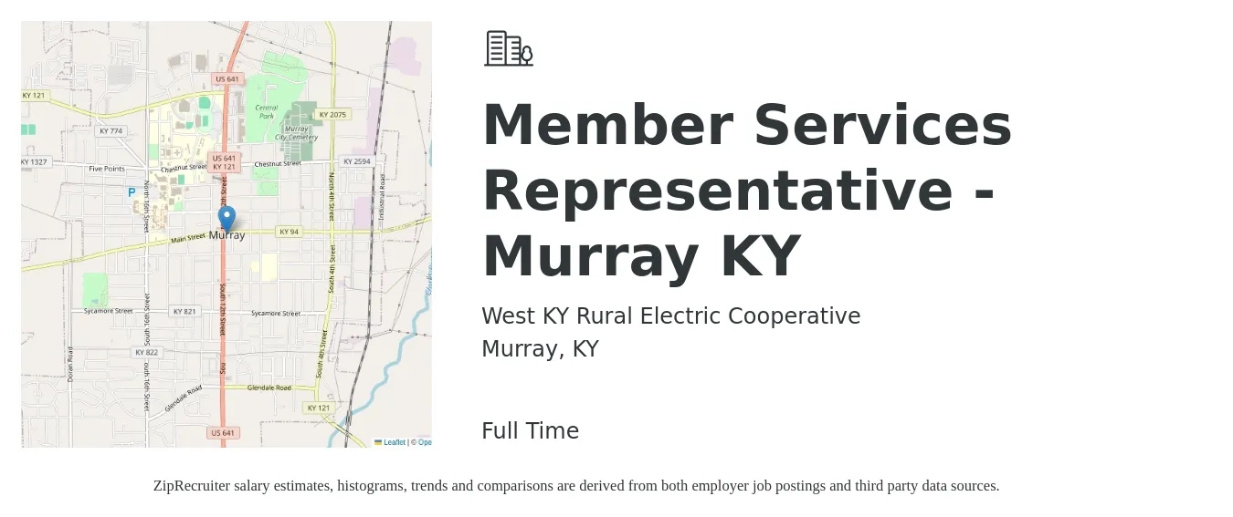 West KY Rural Electric Cooperative job posting for a Member Services Representative - Murray KY in Murray, KY with a salary of $10 to $16 Hourly with a map of Murray location.