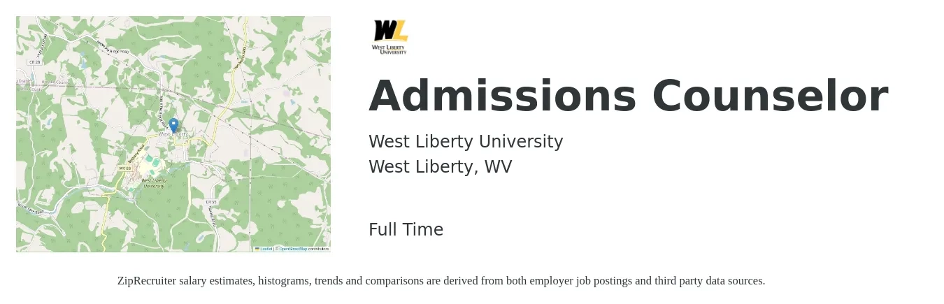 West Liberty University job posting for a Admissions Counselor in West Liberty, WV with a salary of $37,900 to $51,200 Yearly with a map of West Liberty location.