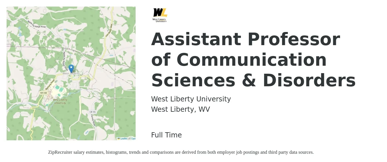 West Liberty University job posting for a Assistant Professor of Communication Sciences & Disorders in West Liberty, WV with a salary of $59,000 to $90,000 Yearly with a map of West Liberty location.